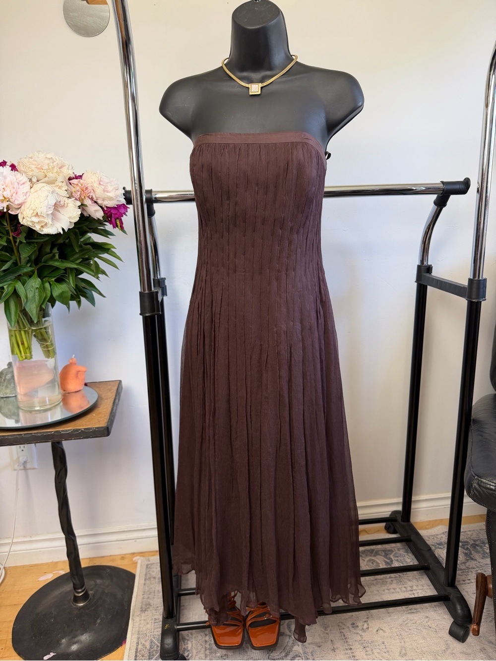 Monsoon 100% Silk Strapless Brown Pleated Midi Dress